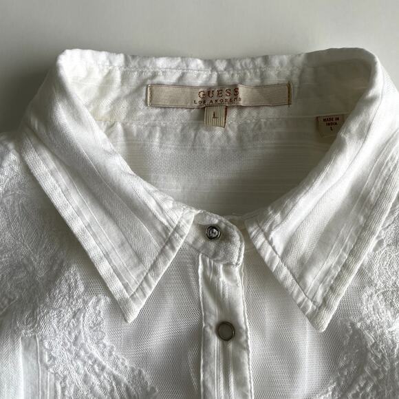 Y2K Guess White Mesh Embroidery Snap Button Women's Shirt Size L - Picture 7 of 16